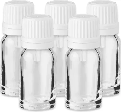 Produktbild von 5x Klare Glasflasche 10 ml mit weißem Tropfeinsatz Miniflasche für Öl