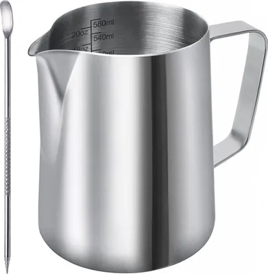 Produktbild von Milchkännchen, Milk Pitcher 600ml / 20 FL.oz. Milchkanne aus Edelstahl Milch Aufschäumen Krug Art Aufschäumkännchen+ Latte Art' Pen/Barista Stift, Silber
