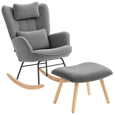 Produktbild von HOMCOM Schaukelstuhl mit Fußhocker, weicher Fleece-Bezug, Holzbeine, Dunkelgrau