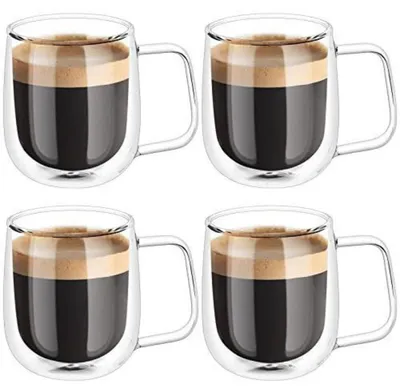 Immagine prodotto di Set di 4 bicchieri doppi isolati per Latte Macchiato, con manico, capacità 250 ml, in vetro borosilicato