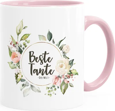 Produktbild von Kaffee-Tasse Beste Tante der Welt Geschenk Familie Blumen Kaffeetasse Teetasse Keramiktasse MoonWorks® inner-rosa Keramik-Tasse