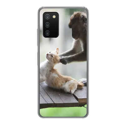 Produktbild von MuchoWow® Handyhülle Schutzhülle Hülle für Samsung Galaxy A03s Katze - Affe - Holz Silikon Softcase Handy Hülle - Schutz