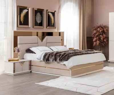 Produktbild von Goldenes Bett Doppelbett Schlafzimmer Betten Möbel designer Doppelbett Beige