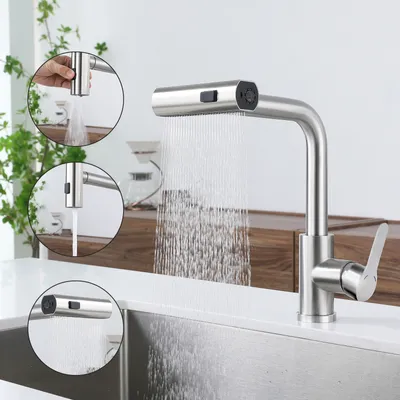 Produktbild von ZMH Wasserhahn Küche Küchenarmatur Ausziehbar Waterfall Mischbatterie mit Brause Spültischarmatur 360° Drehbar Armatur mit 3 Strahlarten Spüle Küchenwasserhahn Gebürsteter Nickel Edelstahl