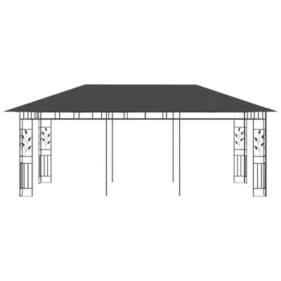 A dark gray gazebo with decorative pillars.