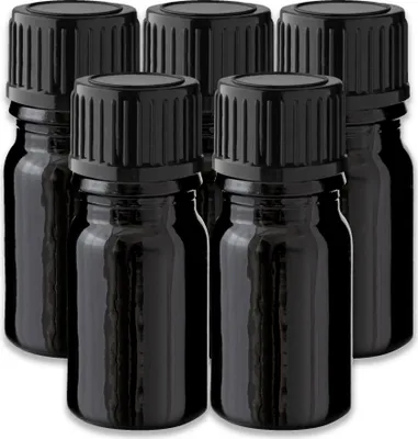 Produktbild von 5x Glasflasche schwarz 5 ml mit schwarzem PP Schraubverschluss leer