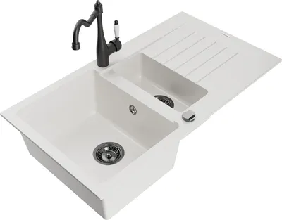 Produktbild von Mexen Matias 1,5-Becken-Granitspüle mit Abtropffläche und Mischbatterie Carla, Weiß - 6502-20-670700-70