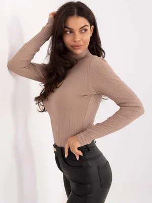 Produktbild von Damen Bluse gerippt tailliert langarm Rollkragen Basic Dunkelbeige S/M