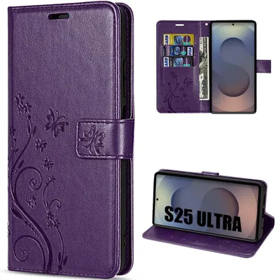 Image de Coque pour Samsung Galaxy S25 Ultra, Flip Case Cuir Synthétique Anti-Rayures Motif Plante Papillon Violet Foncé