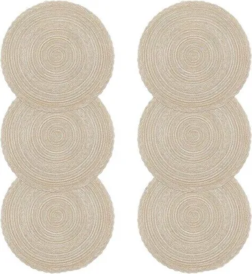 Produktbild von Unyqoos® 6er-Set runde Platzsets 38 cm – Beige, Polypropylen & Baumwolle, geflochtene Tischmatten, abwaschbar, hitzebeständig bis 70 °C, für Küche & Esszimmer