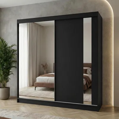 Produktbild von Beautysofa GAJA Schwebetürenschrank 200 cm mit Spiegel, Kleiderschrank 2-türig, Schlafzimmer Schrank modern, Schwarz/Schwarz ohne Schubkasteneinsätze