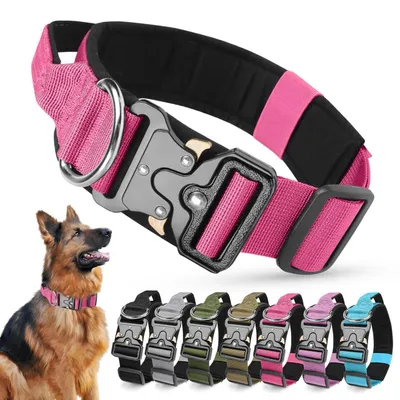 Produktbild von Taktisches Hundehalsband mit Griff, Verstellbar, Gepolstert, Metallschnalle, Rosenrot, XL