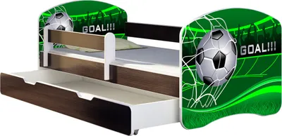 A children's bed with a soccer theme, featuring a pull-out drawer.