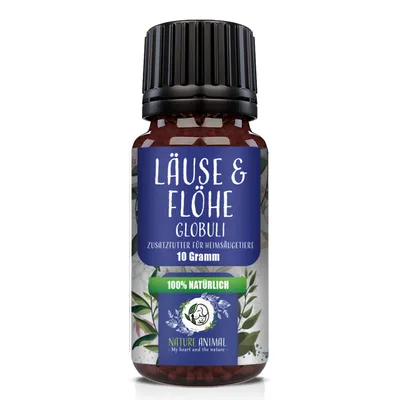 A bottle of Nature Animal Läuse & Flöhe Globuli, a pet supplement.