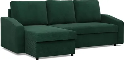 A dark green sectional sofa with a chaise lounge.