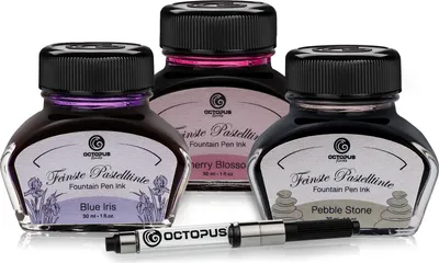 Produktbild von 3 x 30 ml Octopus Schreibtinte Pastel mit Konverter, Blue Iris, Cherry Blossom und Pebble Stone