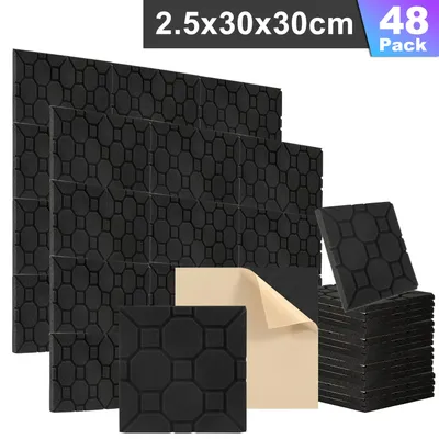 Obrázek produktu pro Eikuavons 48 kusů akustických panelů z pěny, akustické podložky o rozměrech 30 x 30 x 2,5 cm, zvukotěsné panely pro efektivní izolaci, pěnové dlaždice s kostkovým profilem, barva černá