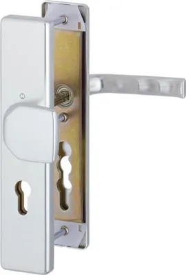 A close-up product shot of a door handle set.