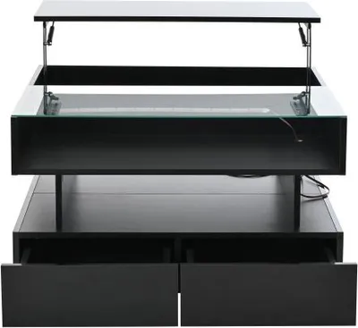 Produktbild von Schwarz Couchtisch 80x80x45cm Hoehenverstellbar Verstecktem Stauraum 2 Schubladen Sofatisch LED Hochglanz Beistelltisch Wohnzimmertisch Gehaertetes Glas