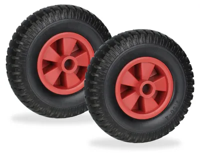 Image de Relaxdays Roue de brouette 2.50-4, lot de 2, caoutchouc plein, plastique, roue de rechange pour brouette, anti-crevaison, 80 kg, noir/rouge