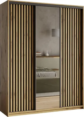 Produktbild von Masseno Schiebetürenschrank ORRA 150/205/60 cm Kleiderschrank mit Spiegel und Lamellen, 4 Schubladen Schlafzimmer Schrank 3-türig Eiche Artisan + Schwarz