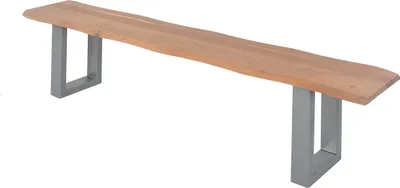 Produktbild von Esszimmerbank 220x42 cm Chicago, Akazienholz naturfarben, Massive Holzbank mit echter Baumkante, Baumkantenbank mit U-Gestell Silber, Sitzbank mit 26 mm Platte