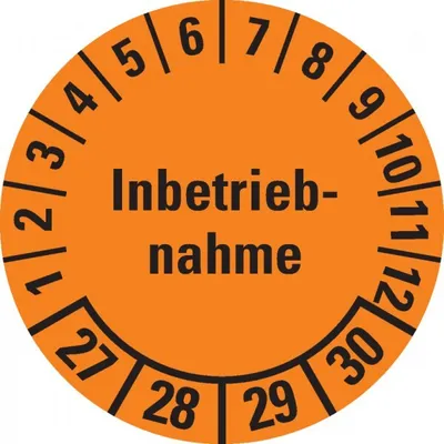 Produktbild von Dreifke® Prüfplakette Inbetriebnahme 27-30, orange, Dokumentenfolie, Ø 30mm, ...