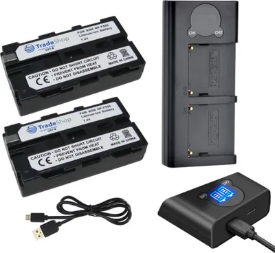 Produktbild von Trade-Shop 3in1 Set: 2x Akku 2400mAh + USB-C Dual LCD Ladegerät für Sony DCR-TRV310/E DCR-TRV315/E DCR-TRV320/E DCR-TRV5/E DCR-TRV510/E DDCR-TRV620/E