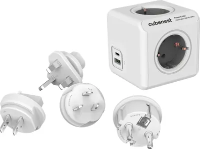 Obrázek produktu pro PowerCube Cubenest ReWirable USB PD 20W USB-A+C šedý, světový adaptér, 4x zásuvka, uzemnění, přepěťová ochrana, max. 16A/250V 3680W - typ F schuko