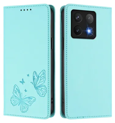 Produktbild von Lederhülle für Xiaomi 14T, Schmetterling Prägung Leder Brieftasche Schutzhülle mit Ständer Türkis