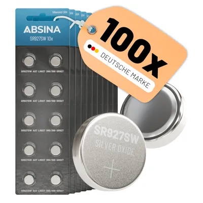 Produktbild von ABSINA SR 927 SW Uhren Knopfzelle 1,55V Silberoxid 10x 10er Pack - Uhrenbatterie 395 / 399 / AG7 / LR927