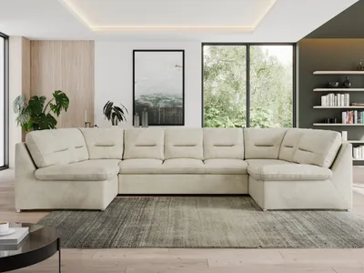 Produktbild von Sofa XXL U-Form Beige, Wohnlandschaft U Form mit Schlaffunktion, Sofa mit Schlaffunktion, Schlafsofa, Wohnzimmer Couch mit schlaffunktion - Morbido U - Beige Velvet