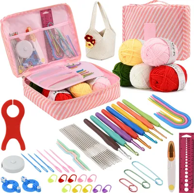 Image de UnboxG Kit de crochet 58 pièces avec sac de rangement – Kit d'accessoires de crochet et de tricot DIY, crochets ergonomiques pour débutants et professionnels