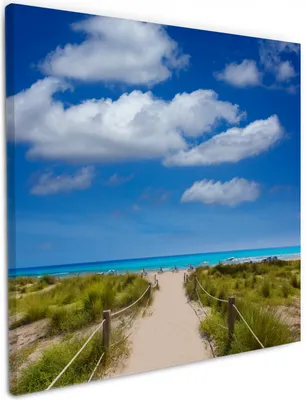 Produktbild von Wallario Premium Leinwandbild Sandweg zum blauen Meer mit blauem Himmel in Größe 50 x 50 cm