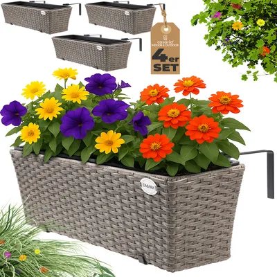 Produktbild von CASARIA® Blumenkasten 4er Set 11 Liter Montagehalterung Indoor Outdoor Geländerkasten Balkonkasten Pflanzkasten creme