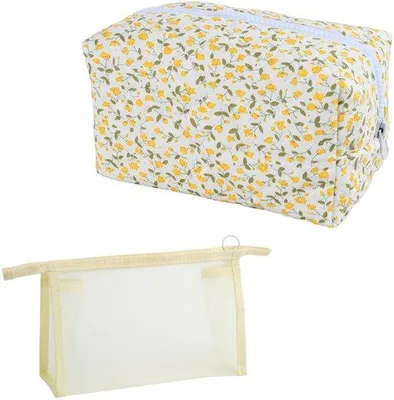 Immagine prodotto di Set da due beauty case Unyqoos®: una borsa gialla con motivo floreale imbottita (cotone, lavabile) e una borsa a rete beige (nylon), ideali per viaggi e uso quotidiano