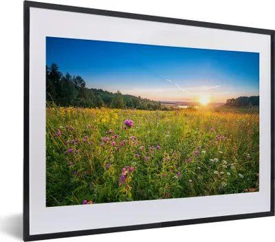 Produktbild von MuchoWow® Gerahmtes Poster Sonne - Gras - Blumen 40x30 cm - Poster mit Schwarzem Bilderrahmen Wandposter Rahmen Foto Bilder - Bilderrahmen - Poster im Rahmen