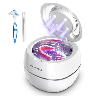 Produktbild von Ultraschallreiniger 48kHz – 180ml UV Lampe – Zahnprothesen Reiniger – Retainer & Zahnspangen – Zahnersatz & Nachtschiene – Tragbar – Weiß