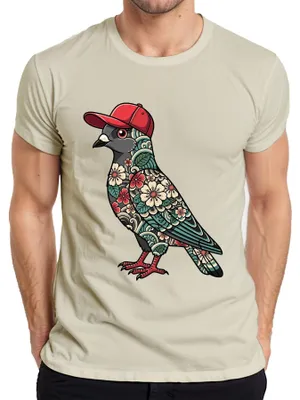 Immagine prodotto di T-shirt da uomo con motivo di una colomba che indossa un berretto da baseball, fiori di ciliegio, stile giapponese urbano, ispirazione Y2K, soggetto: uccello, colore: naturale, taglia: XL