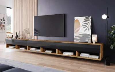 Produktbild von MINIO go for it, TV-Schränk, Lowboard "ANNE", 300cm, stehen, hängend, Wotan Eiche / Schwarz Hochglanz Farbe