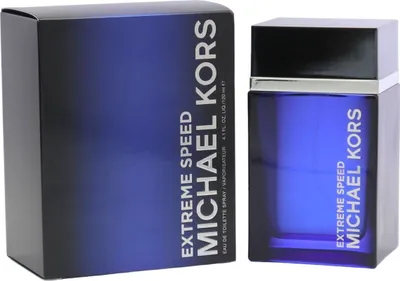 Rechteckiger Flakon des Michael Kors Extreme Speed vor passender dunkelblauer Verpackung mit silberner Aufschrift, 120 ml Größe sichtbar.