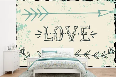 Produktbild von MuchoWow® Fototapete für Wohnzimmer oder Schlafzimmer Wandtapete Vinyl Motivtapete Zitat "Liebe" auf weißem Hintergrund - 390x260 cm - Papiertapete