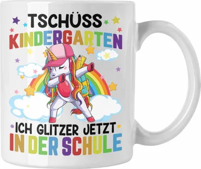 Produktbild von Trendation - Tschüss Kinderkarten Ich Glitzer In Der Grundschule Tasse Geschenk zur Einschulung Erster Schultag (Weiß)