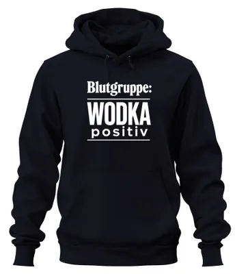 Productafbeelding van Bloedgroep Vodka, positief. Grappig. Feest. Drinken. Toost. Hoodie, capuchontrui, marineblauw, maat M