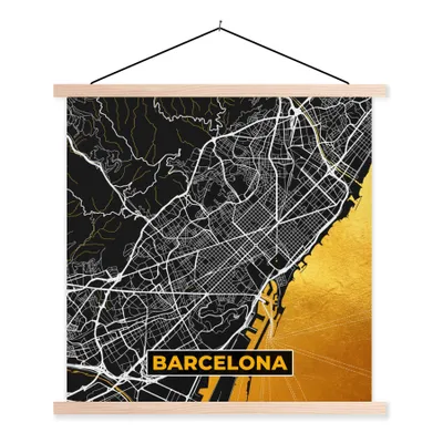 Produktbild von MuchoWow® Textilposter Barcelona - Stadtplan - Karte - Gold 60x60 cm mit holzfarbenen Rahmen - Wanddekoration