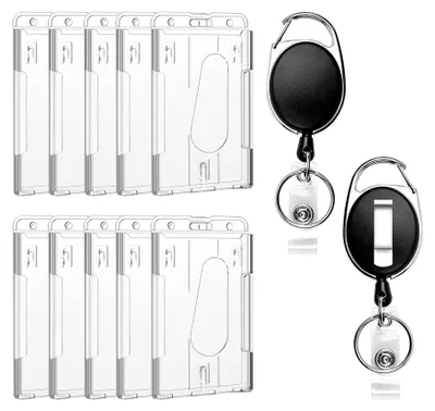 Image de Pochettes pour cartes d'identité, lot de 10 ; pochettes pour cartes d'identité, lot de 2 ; pochette coulissante avec porte-clés, utilisable à la verticale, en plastique rigide pour cartes d'identité et cartes de crédit