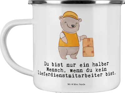 Produktbild von Mr. & Mrs. Panda Haferl Lieferdienstmitarbeiter Herz - Weiß - Geschenk, Teetasse, Teebecher, Pizzabäcker, becher emaille, Pizzabringdienst, Tasse, Pott, Spruch, Witzig