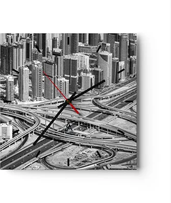 Produktbild von Wanduhr - Quadrat - Glasuhr - Stadt Wolkenkratzer Autobahn - 30x30cm - Schleichendes Uhrwerk - Lautlos - zum Aufhängen bereit - Dekoration Modern - Wanddekoration aus Glas - C3AC30x30-5065