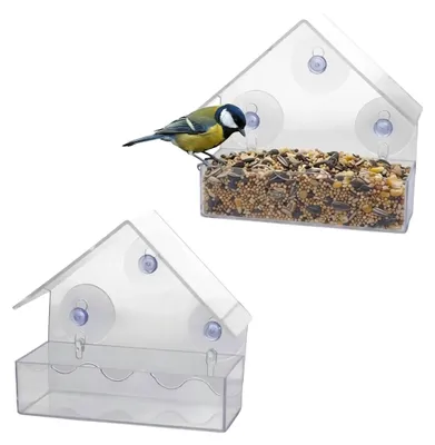 Imagen del producto de Comedero para pájaros de ventana, 15 x 15 cm - Juego de 2 unidades - Comedero transparente para pájaros con ventosas