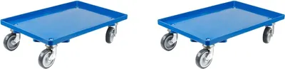Produktbild von SparSet 2x Transportroller für Euroboxen 60x40cm mit Gummiräder blau | Geschlossenes Deck | 2 Lenkrollen & 2 Bremsrollen | Traglast 300kg | Kistenroller Logistikroller Rollwagen Profi-Fahrgestell